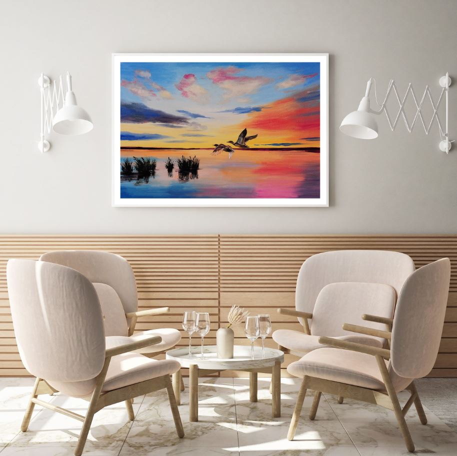 Bird & Sunset Sky Oil Painting Home Decor Premium Quality Poster Print Choose Your Sizes