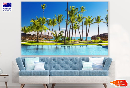 Palm Trees Near Pool & Sea View Paint Print 100% Australian Made