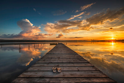 Wooden Pier Over Lake Sunset View Print 100% Australian Made