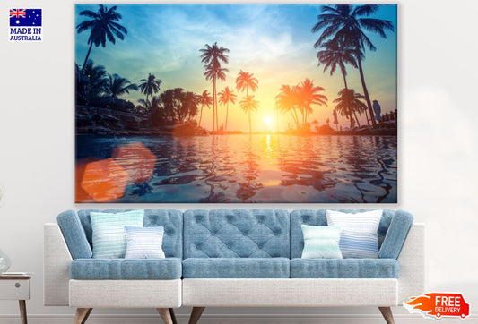 Palm Trees Near Pool Sunset View Print 100% Australian Made