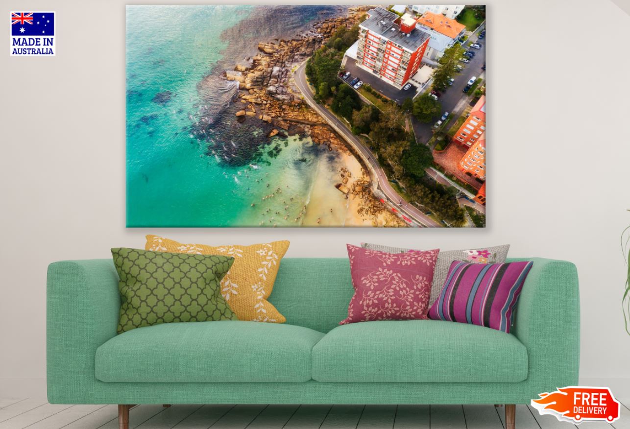 Buildings Near Sea Aerial View Print 100% Australian Made
