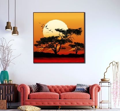 Square Canvas Trees & Sunset Vector Art High Quality Print 100% Australian Made