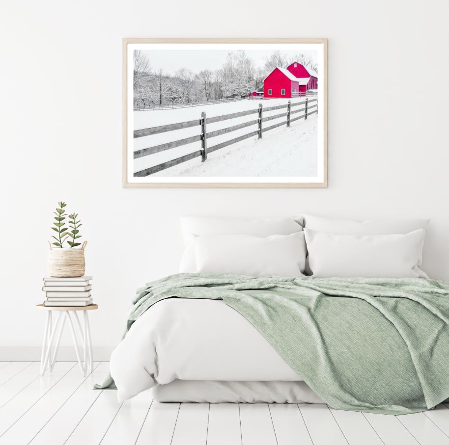Red Farm House on Snow Photograph Home Decor Premium Quality Poster Print Choose Your Sizes