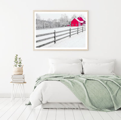 Red Farm House on Snow Photograph Home Decor Premium Quality Poster Print Choose Your Sizes