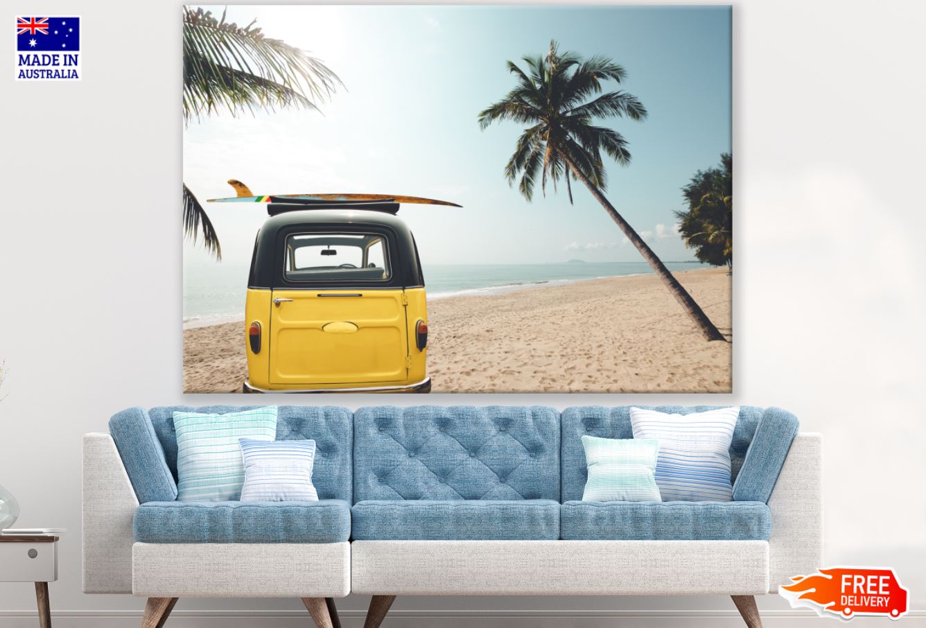 Yellow Mini Van Near Sea View Print 100% Australian Made