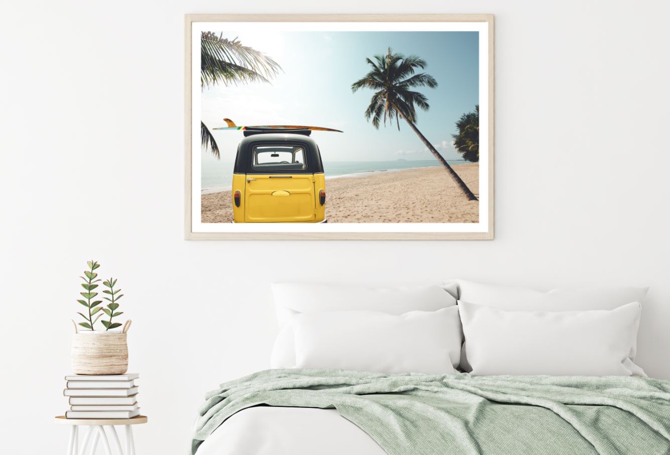 Yellow Mini Van Near Sea View Home Decor Premium Quality Poster Print Choose Your Sizes