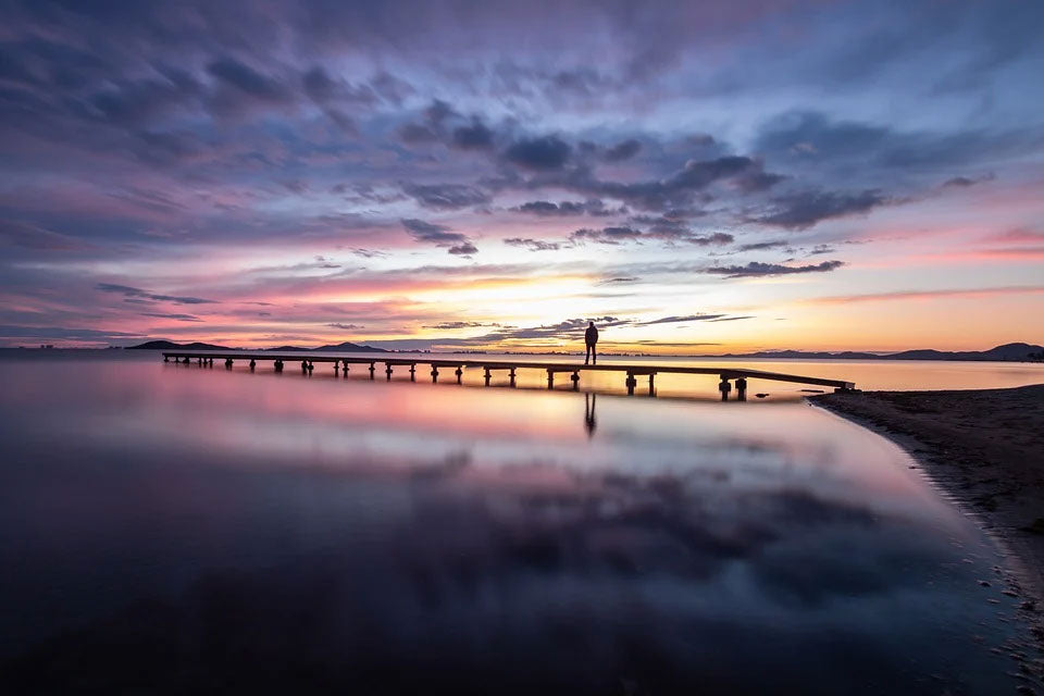 Man on Wooden Pier Over Lake at Sunset Photograph Print 100% Australian Made