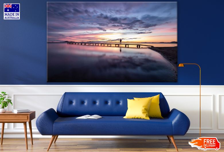 Man on Wooden Pier Over Lake at Sunset Photograph Print 100% Australian Made
