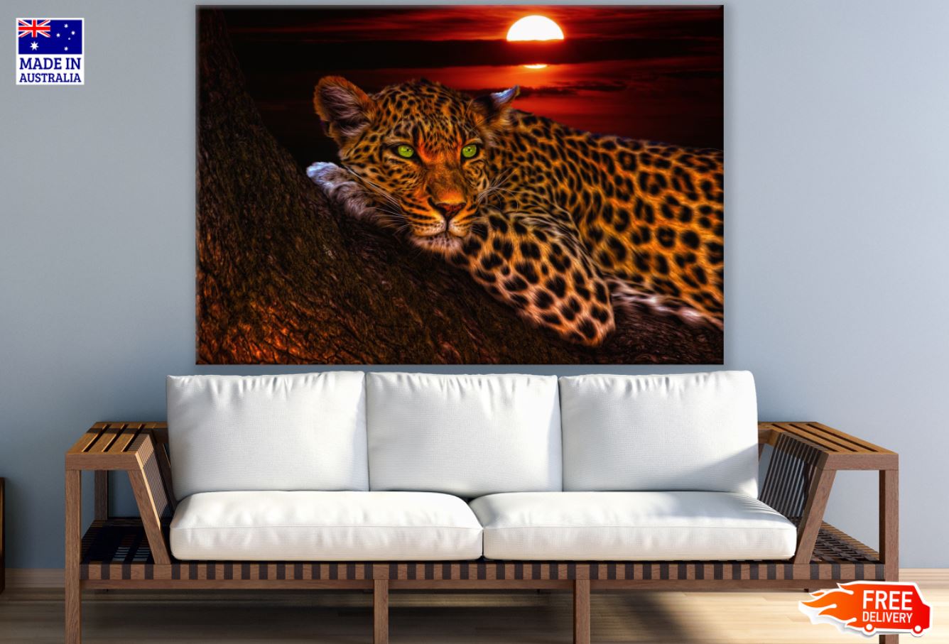 Leopard on a Tree Sunset View Print 100% Australian Made