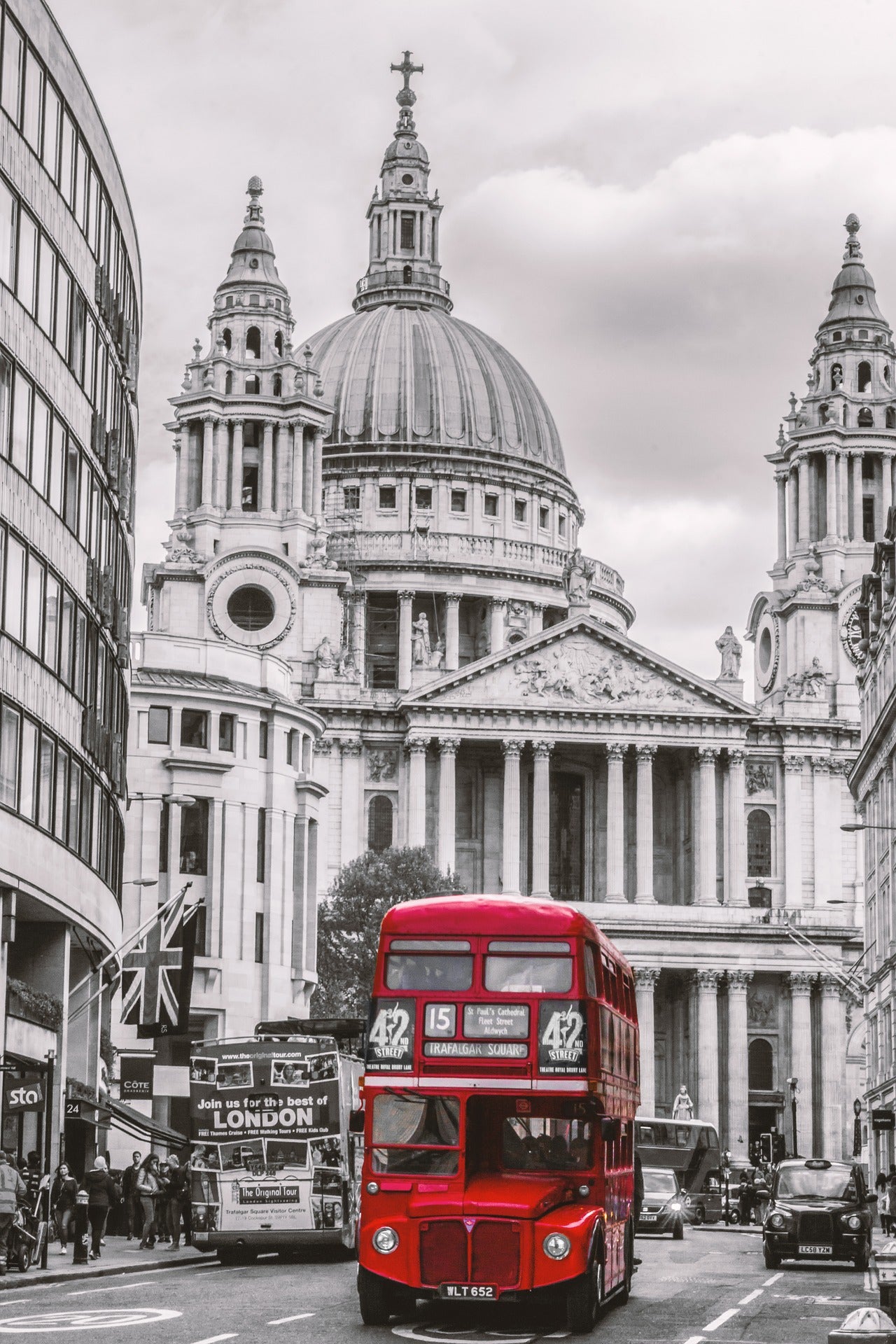 Red Bus in Street Photograph Home Decor Premium Quality Poster Print Choose Your Sizes