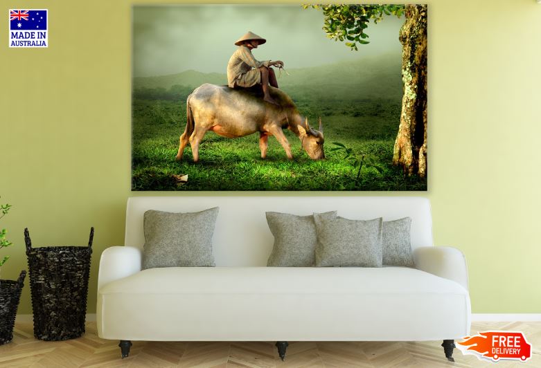 Man on Cow Photograph Print 100% Australian Made