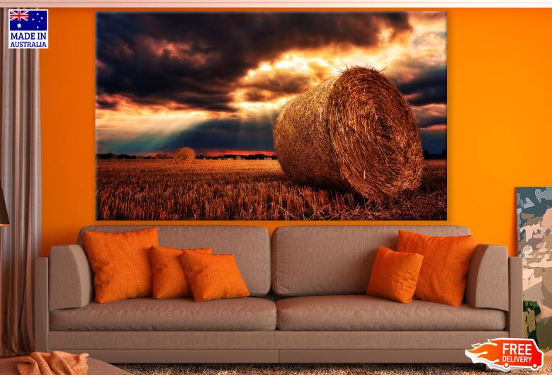 Haystacks on Field at Sunset Photograph Print 100% Australian Made