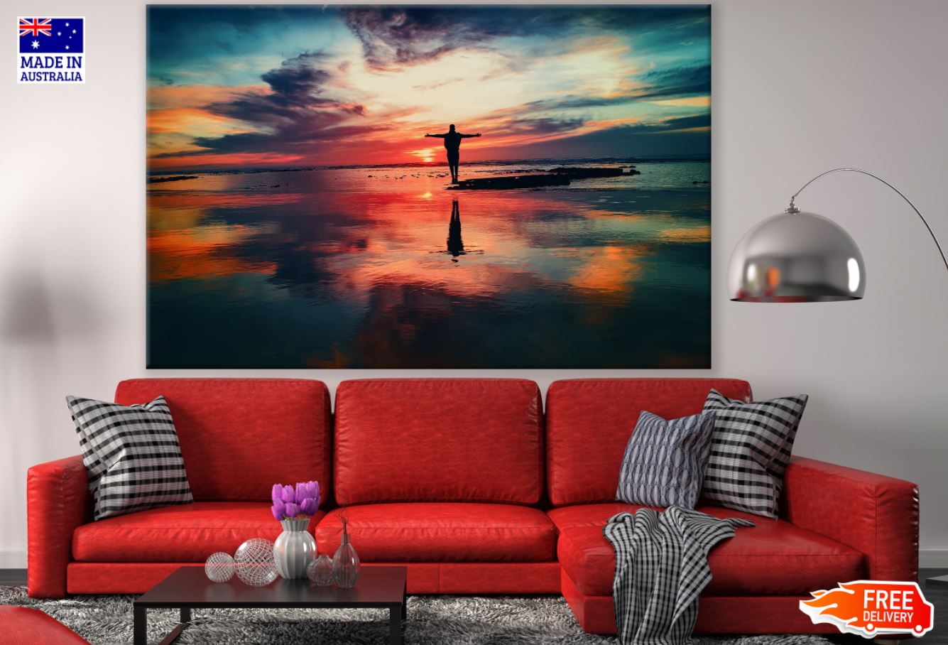 Man Near Sunset Lake Photograph Print 100% Australian Made