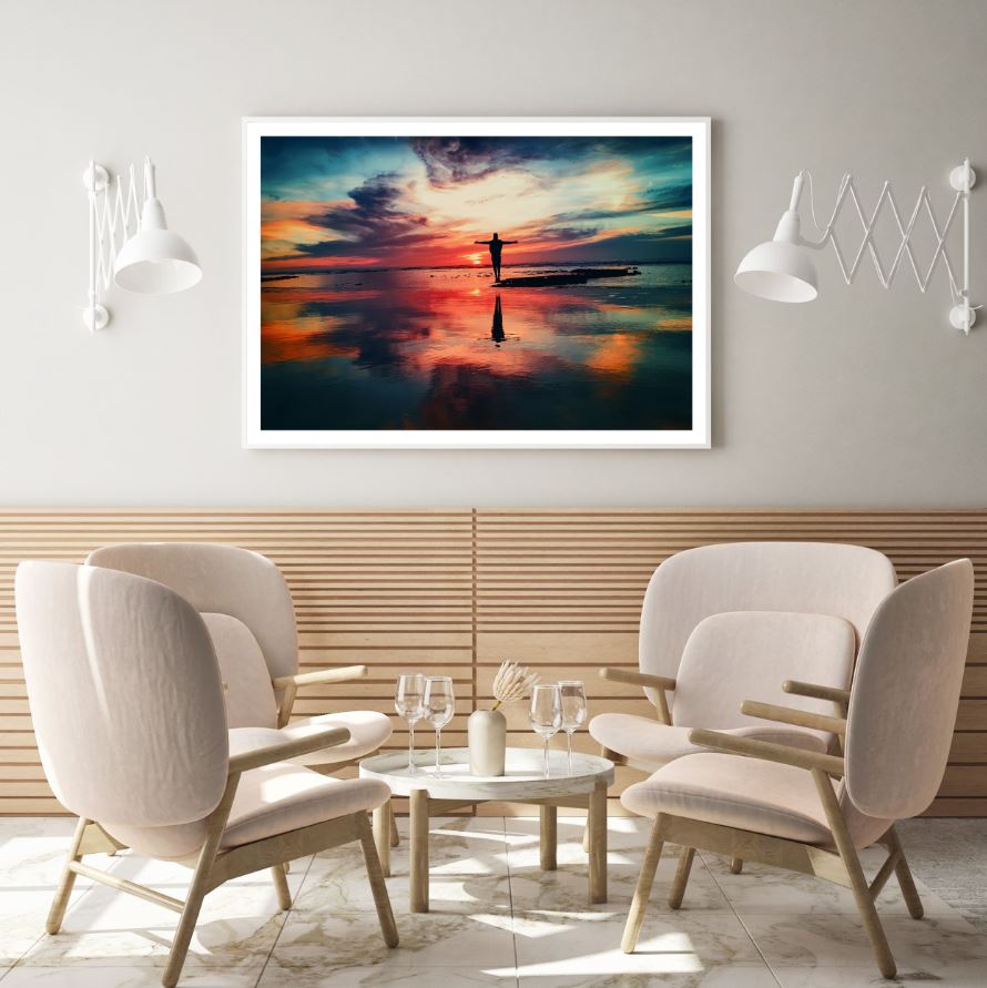 Man Near Sunset Lake Photograph Home Decor Premium Quality Poster Print Choose Your Sizes