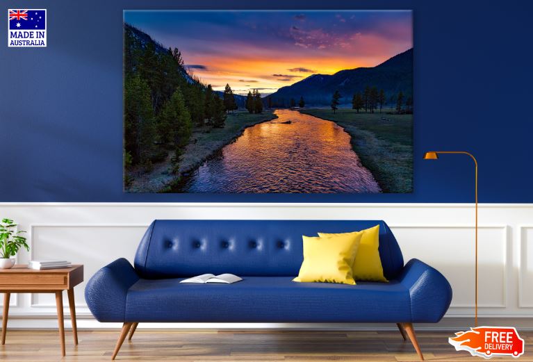 River in Field Sunset Scenery Photograph Print 100% Australian Made