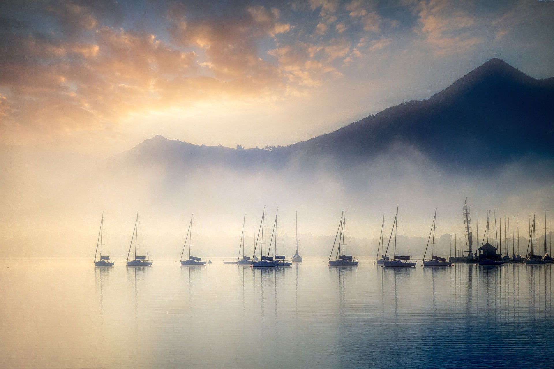 Misty River with Boats & Mountain View Photograph Print 100% Australian Made