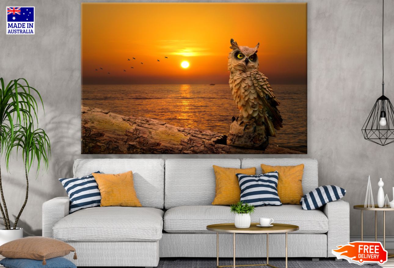 Owl Near Sunset Sea Scenery View Print 100% Australian Made