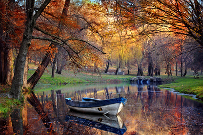 Boat on Lake in Autumn Forest Photograph Print 100% Australian Made