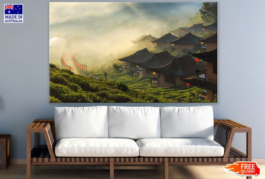 Houses Over Misty Tea Field Photograph Print 100% Australian Made