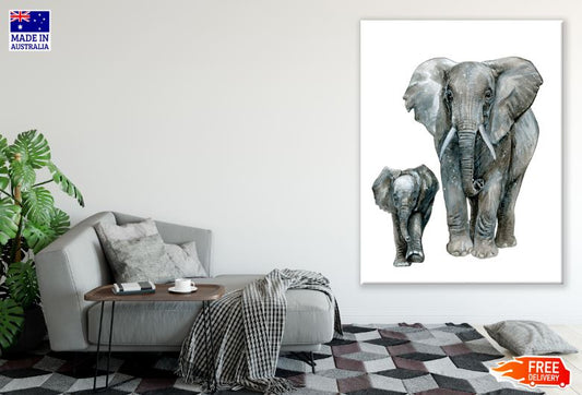 Elephant & Calf Watercolor Painting Print 100% Australian Made