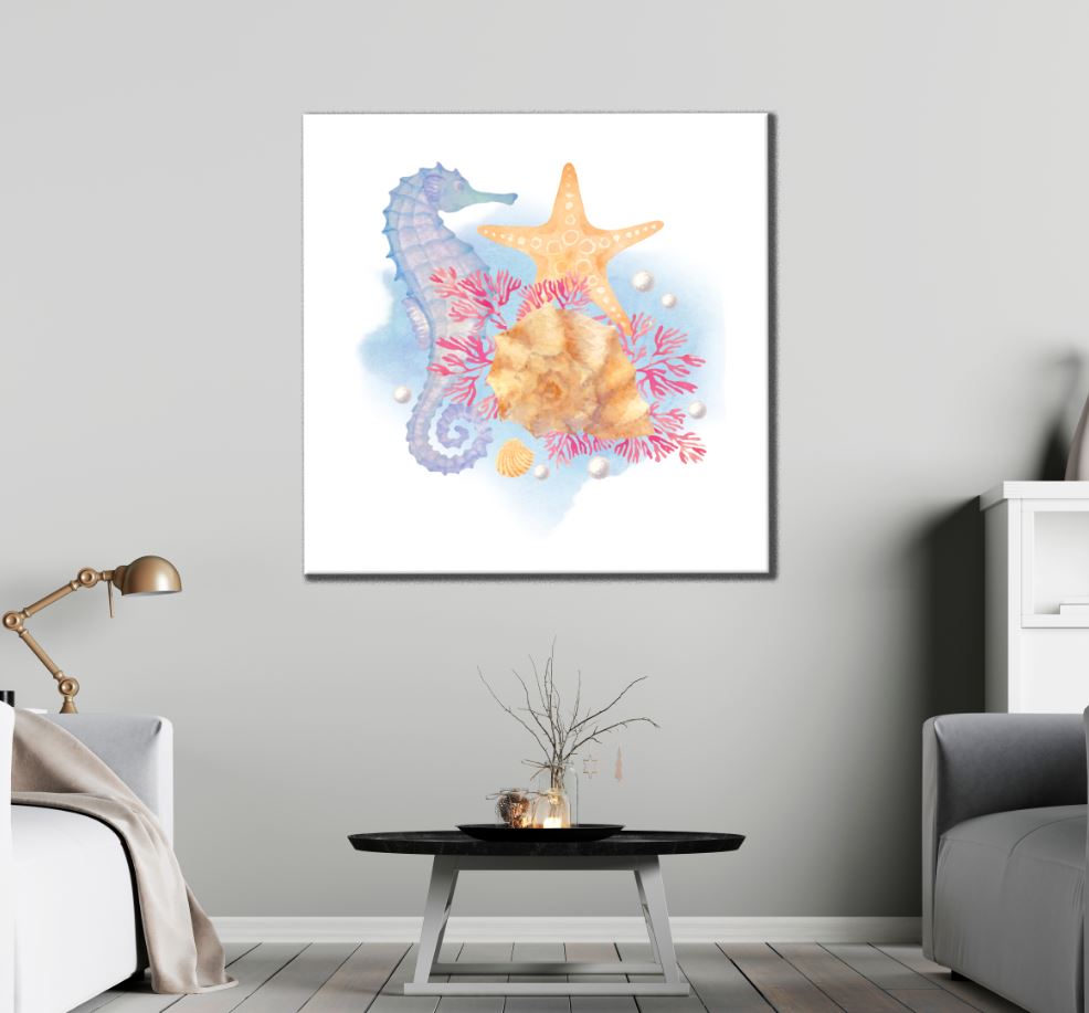 Square Canvas Seahorse & Starfish Painting High Quality Print 100% Australian Made