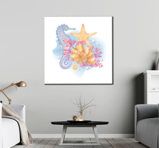 Square Canvas Seahorse & Starfish Painting High Quality Print 100% Australian Made