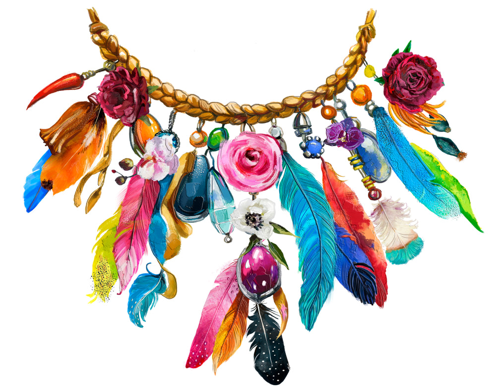 Watercolor Floral Necklace with Feathers Painting Print 100% Australian Made