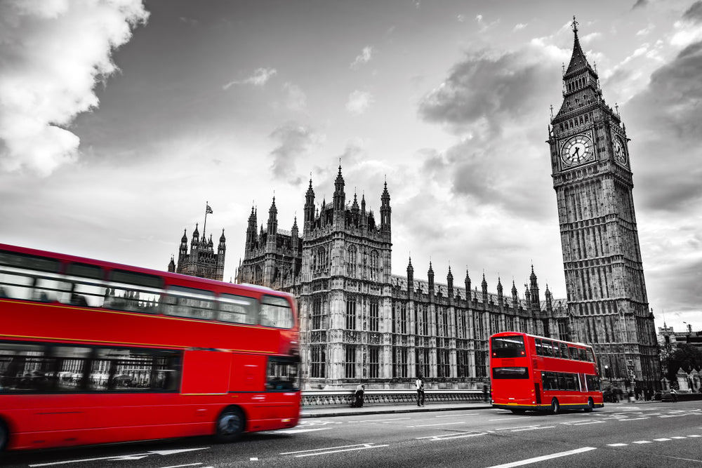 Double-deck Red Buses on Westminster Bridge with Big Ben in London B&W Photograph Print 100% Australian Made