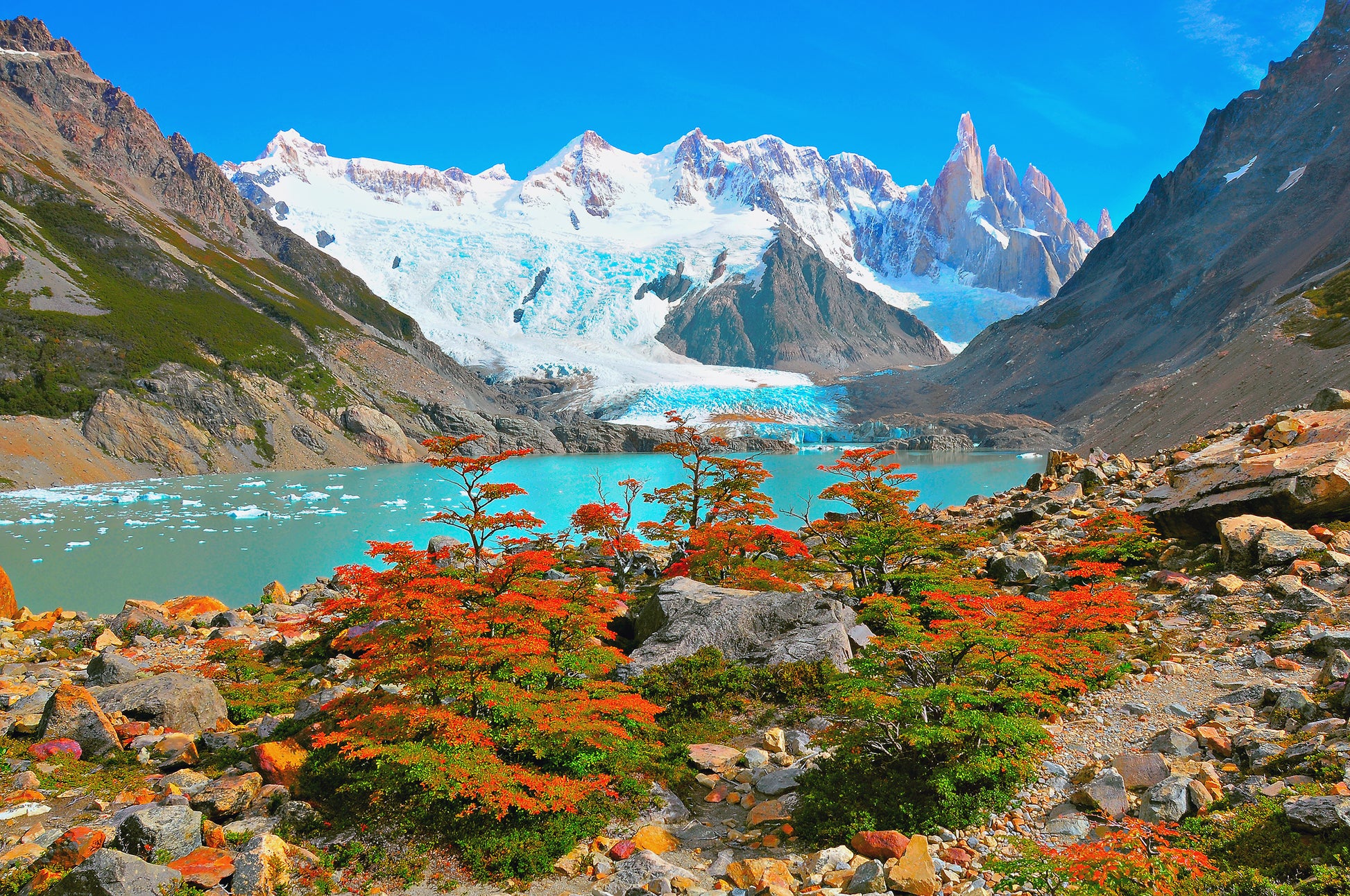 Autumn Trees by the Lake near Cerro Torre Mountain Argentina Print 100% Australian Made