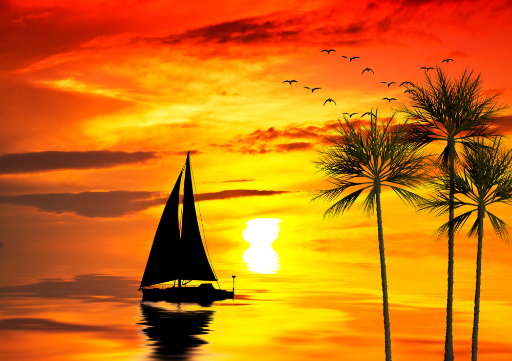 Boat on Sea Sunset Painting Home Decor Premium Quality Poster Print Choose Your Sizes