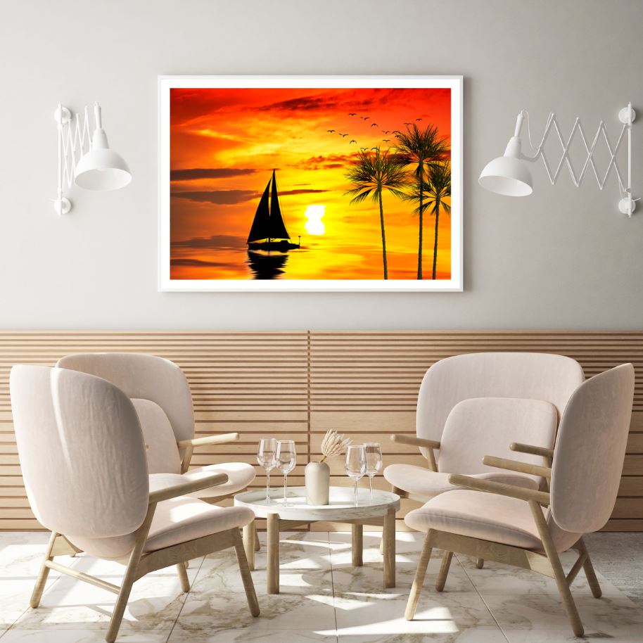 Boat on Sea Sunset Painting Home Decor Premium Quality Poster Print Choose Your Sizes