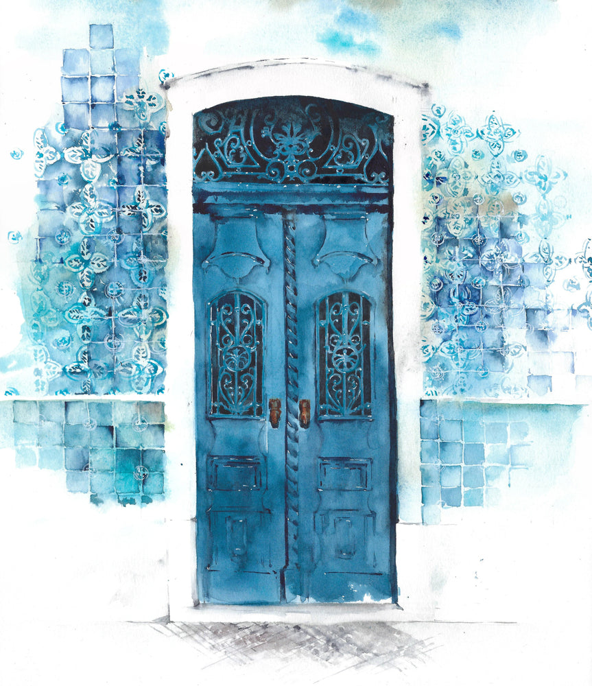 Abstract Blue Door Watercolour Painting Print 100% Australian Made