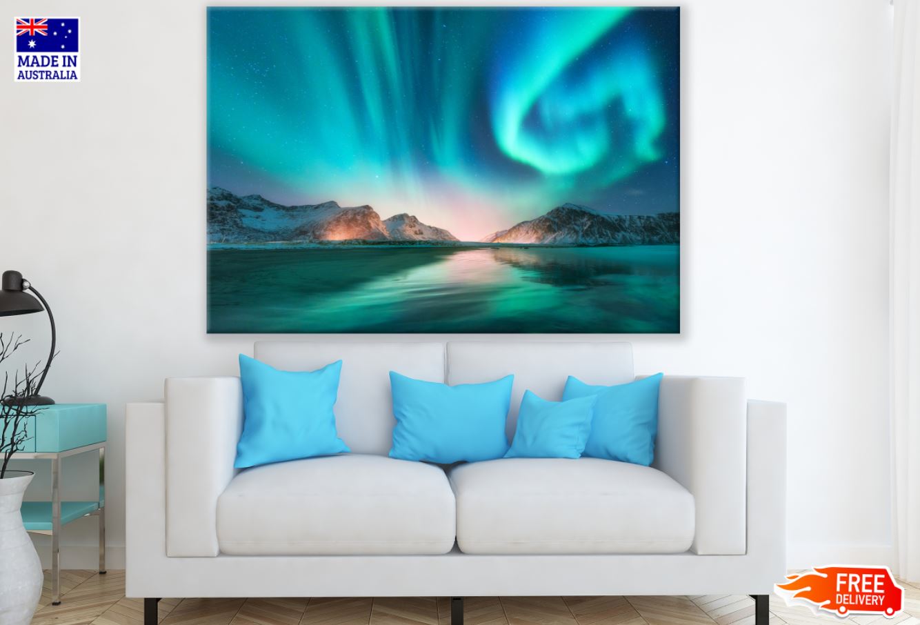Aurora Over Sea & Mountains View Print 100% Australian Made