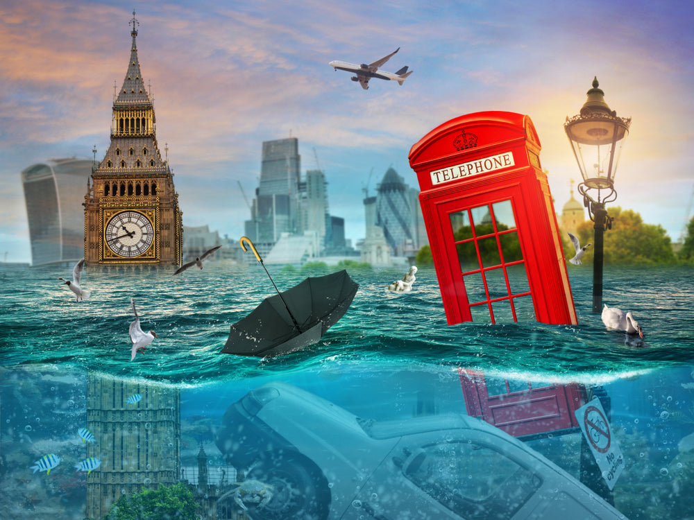 British Telephone box with Big Ben & Double Decker bus Sinking in Water Photograph Print 100% Australian Made