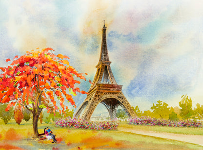 Couple Sitting Under A Tree Near Eiffel Tower Painting Print 100% Australian Made