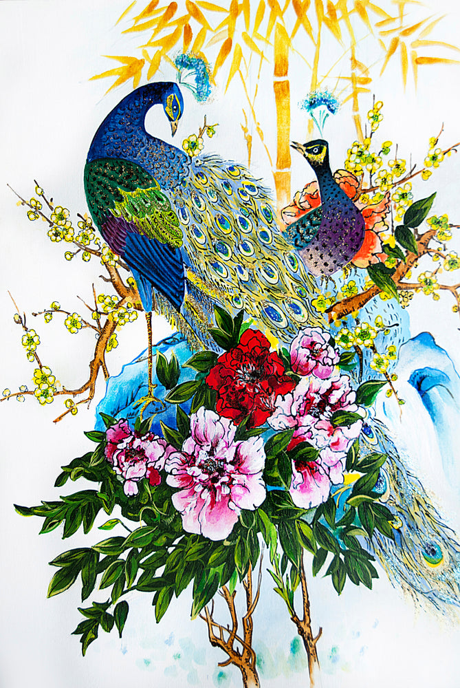 Peacocks Sitting on a Flower Tree Branch Painting Print 100% Australian Made