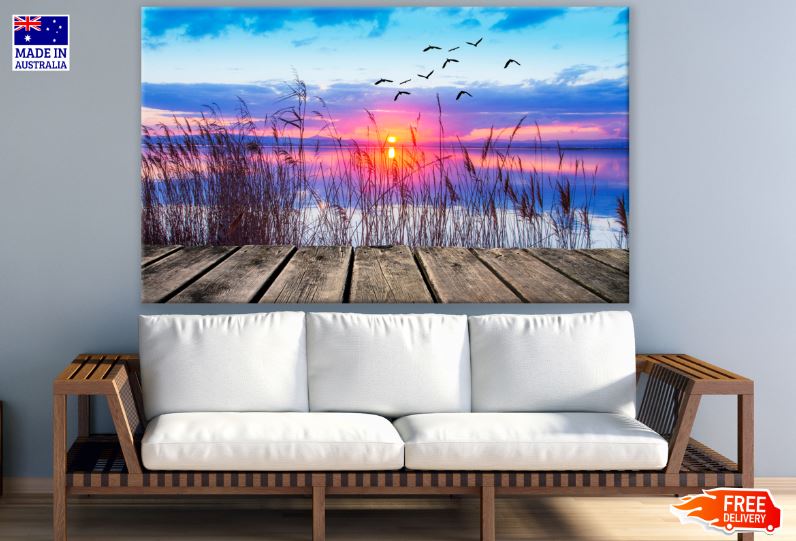 Stunning View from Wooden Pier of Sunset Over a Lake Photograph Print 100% Australian Made