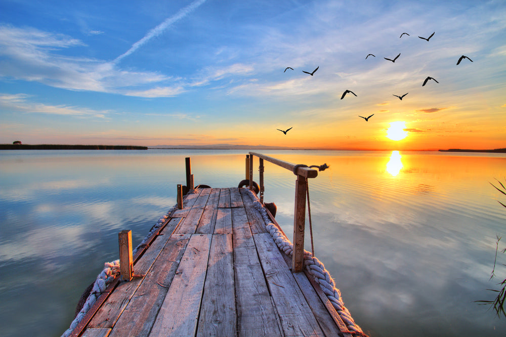 Wooden Pier Over Lake & Sunset Scenery Photograph Print 100% Australian Made