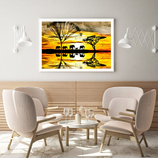 Elephants Walking Near Lake Paint Home Decor Premium Quality Poster Print Choose Your Sizes