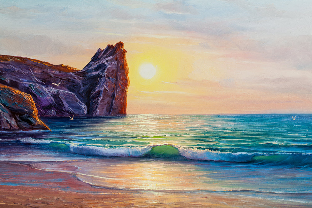 Stunning Beach View With Cliff Sunset Painting Print 100% Australian Made