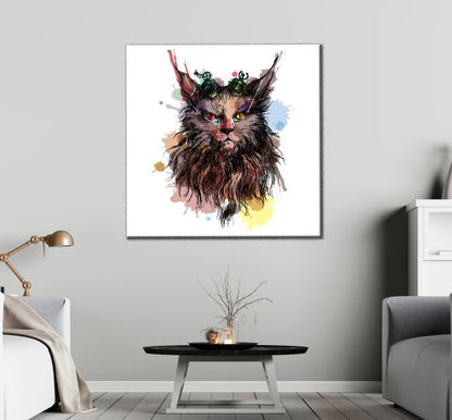 Square Canvas Mainecoon Cat Watercolor Painting High Quality Print 100% Australian Made