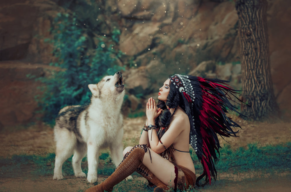 American Indian Worrior Woman Prays & a Wolf Howls Next to Her Photograph Print 100% Australian Made