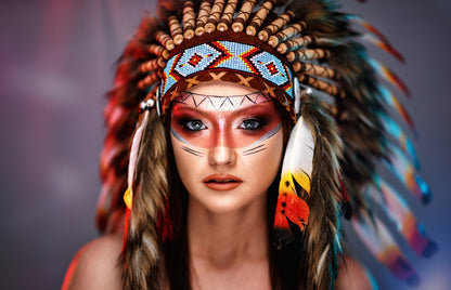 American Indian Girl in Native Costume, Headdress Made of Feathers Photograph Print 100% Australian Made