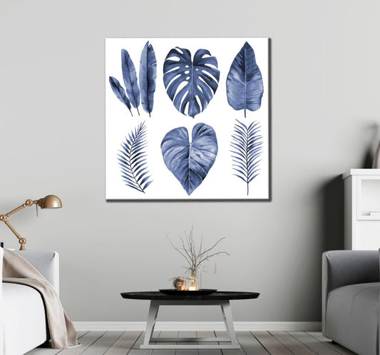 Square Canvas Blue Leaves Watercolor Painting High Quality Print 100% Australian Made