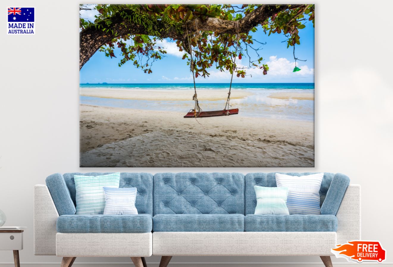 Swing on Tree at Sea Shore View Print 100% Australian Made