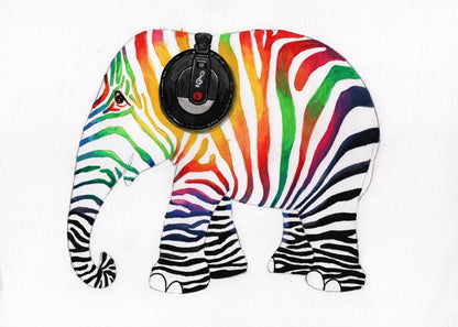 Colourful Stripe Elephant with Headphones Painting Print 100% Australian Made