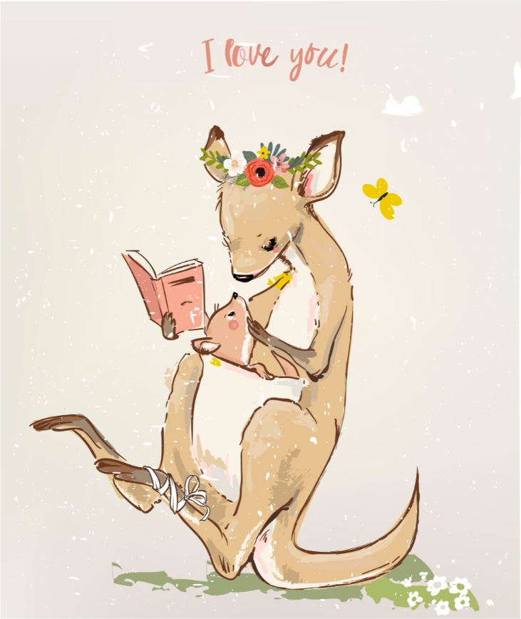 Kangaroo Reads to Little Baby Print 100% Australian Made