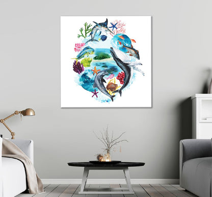 Square Canvas Sea Fish & Reefs Painting High Quality Print 100% Australian Made