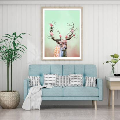 Deer with Floral Antler Oil Paint Home Decor Premium Quality Poster Print Choose Your Sizes