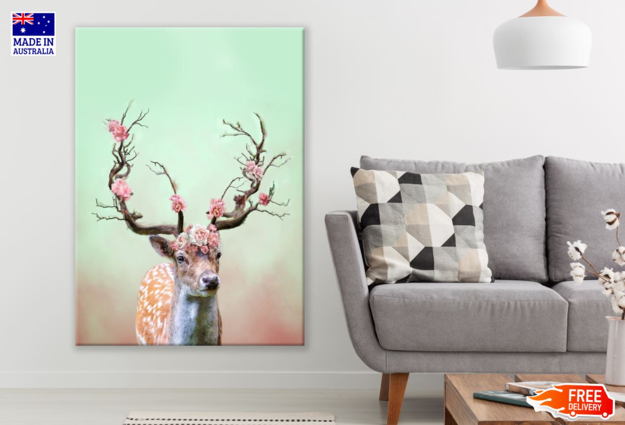 Deer with Floral Antler Oil Paint Print 100% Australian Made